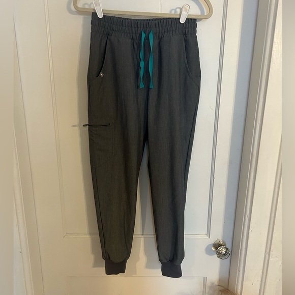 Figs Pants - Figs Dark Gray Scrub Pants with Teal Drawstrings